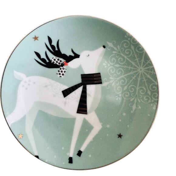 Vintage Pier 1 Christmas Reindeer Appetizer Dessert Plates Set Of 2 Aqua Festive - Picture 14 of 16
